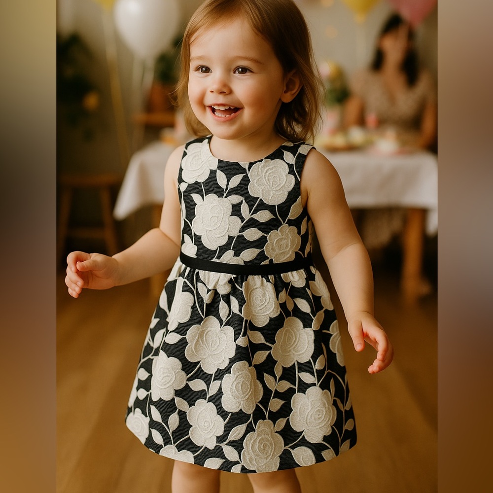 Jane And Jack Elegant Black and White Rose Kids Dress